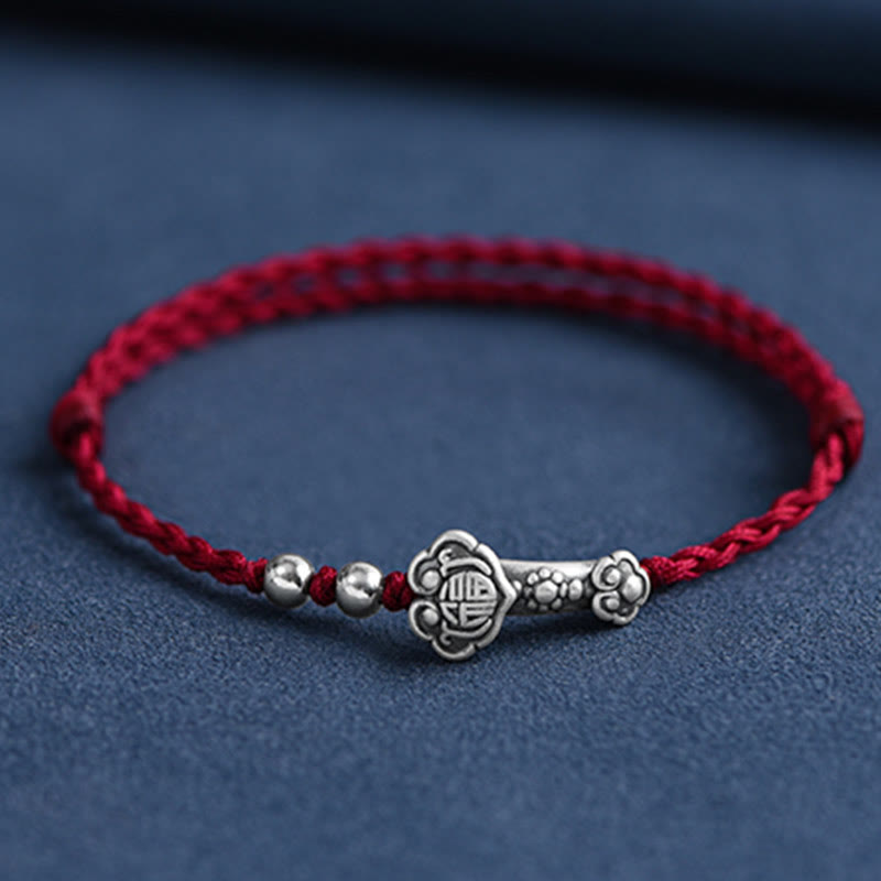 Buddha Stones Fatto a mano in argento sterling 999 Fu Character Wish Ruyi Handle Fortune Rope Bracciale Cavigliera