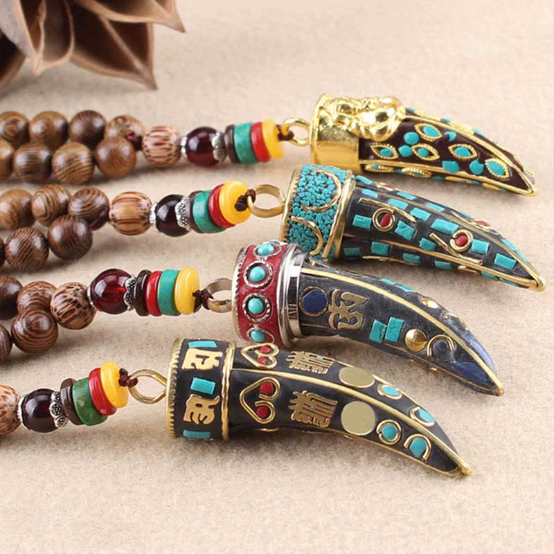 Buddha Stones Tibet Wenge Legno Om Mani Padme Hum Simbolo OM Mantra Corno Modello Protezione Collana Pendente - image 17