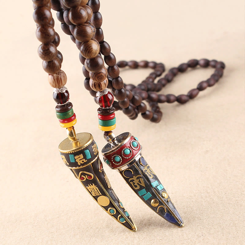 Buddha Stones Tibet Wenge Legno Om Mani Padme Hum Simbolo OM Mantra Corno Modello Protezione Collana Pendente - image 18