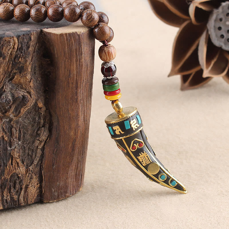 Buddha Stones Tibet Wenge Legno Om Mani Padme Hum Simbolo OM Mantra Corno Modello Protezione Collana Pendente - image 3