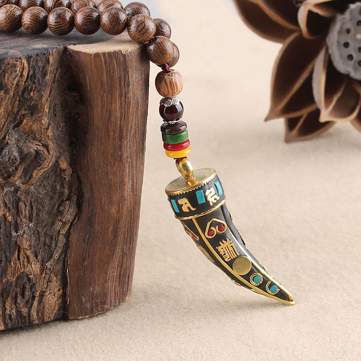 Buddha Stones Tibet Wenge Legno Om Mani Padme Hum Simbolo OM Mantra Corno Modello Protezione Collana Pendente - image 3