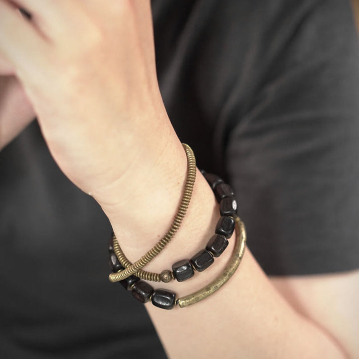 Braccialetto di guarigione multistrato in rame con perline di legno di ebano tibetano Buddha Stones vintage Peace