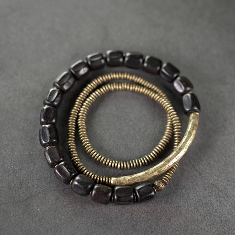 Braccialetto di guarigione multistrato in rame con perline di legno di ebano tibetano Buddha Stones vintage Peace