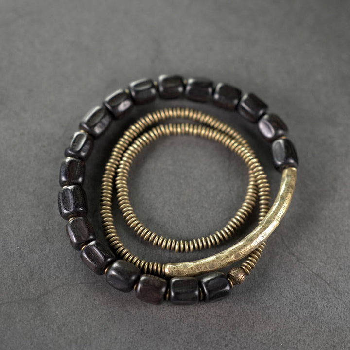 Braccialetto di guarigione multistrato in rame con perline di legno di ebano tibetano Buddha Stones vintage Peace