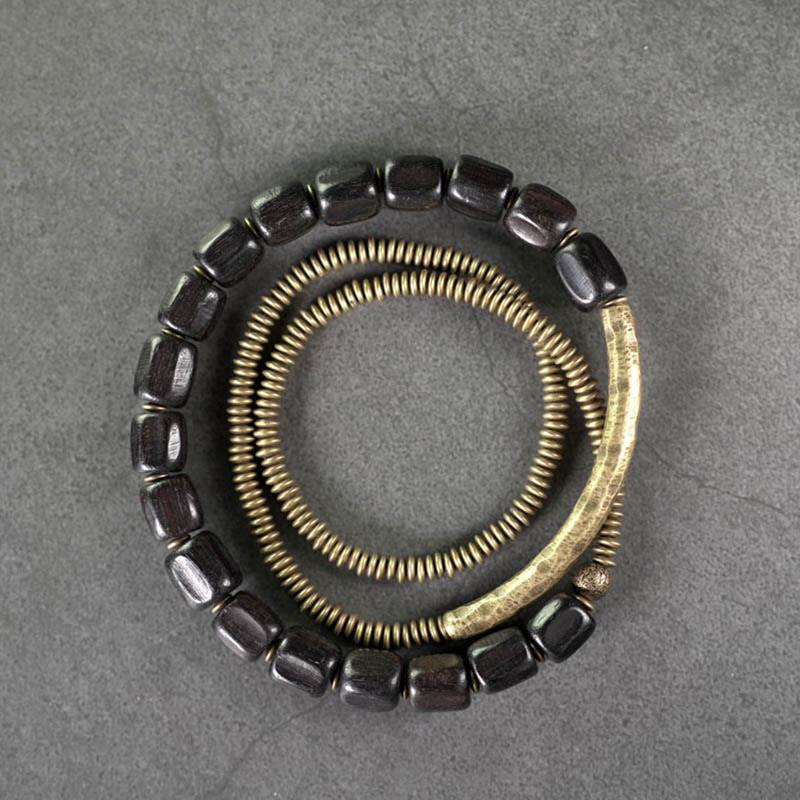 Braccialetto di guarigione multistrato in rame con perline di legno di ebano tibetano Buddha Stones vintage Peace