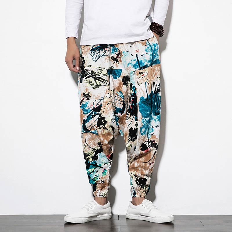 Pantaloni harem lunghi da uomo in cotone con tasche, stampati con Buddha Stones, fiori, foglie, marrone e blu - image 1