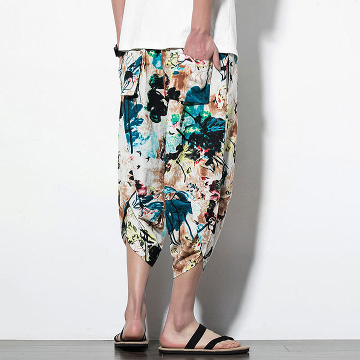 Pantaloni harem lunghi da uomo in cotone con tasche, stampati con Buddha Stones, fiori, foglie, marrone e blu - image 11