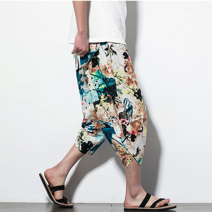 Pantaloni harem lunghi da uomo in cotone con tasche, stampati con Buddha Stones, fiori, foglie, marrone e blu - image 17
