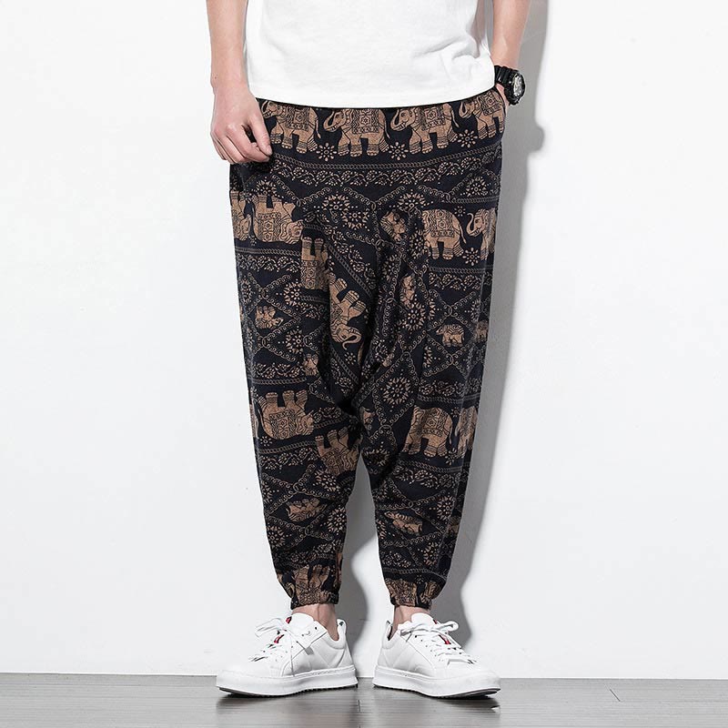 Pantaloni harem lunghi da uomo in cotone con tasche, stampati in nero e marrone con Buddha Stones - image 1