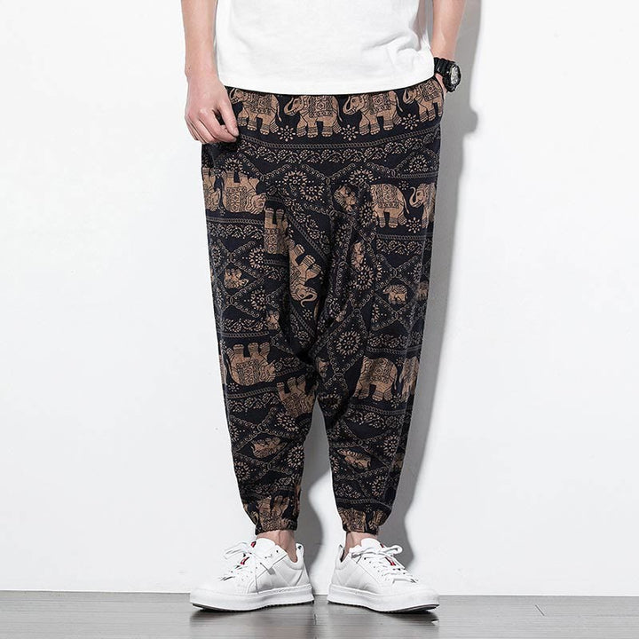 Pantaloni harem lunghi da uomo in cotone con tasche, stampati in nero e marrone con Buddha Stones - image 1