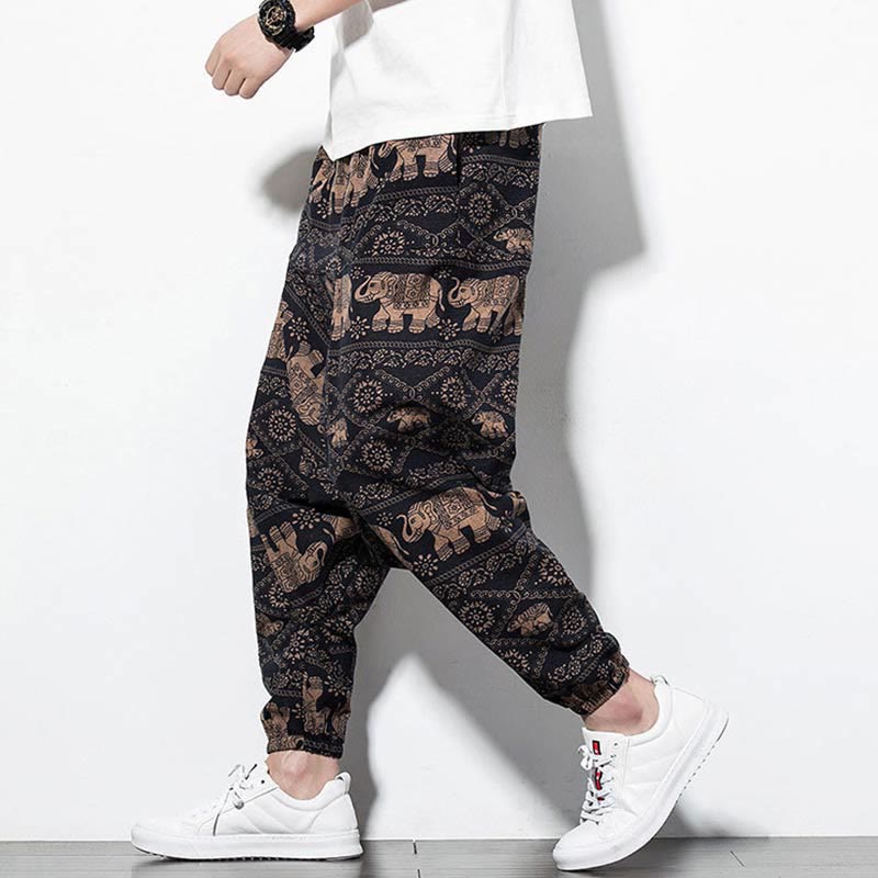 Pantaloni harem lunghi da uomo in cotone con tasche, stampati in nero e marrone con Buddha Stones - image 8