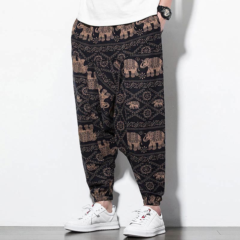 Pantaloni harem lunghi da uomo in cotone con tasche, stampati in nero e marrone con Buddha Stones - image 6
