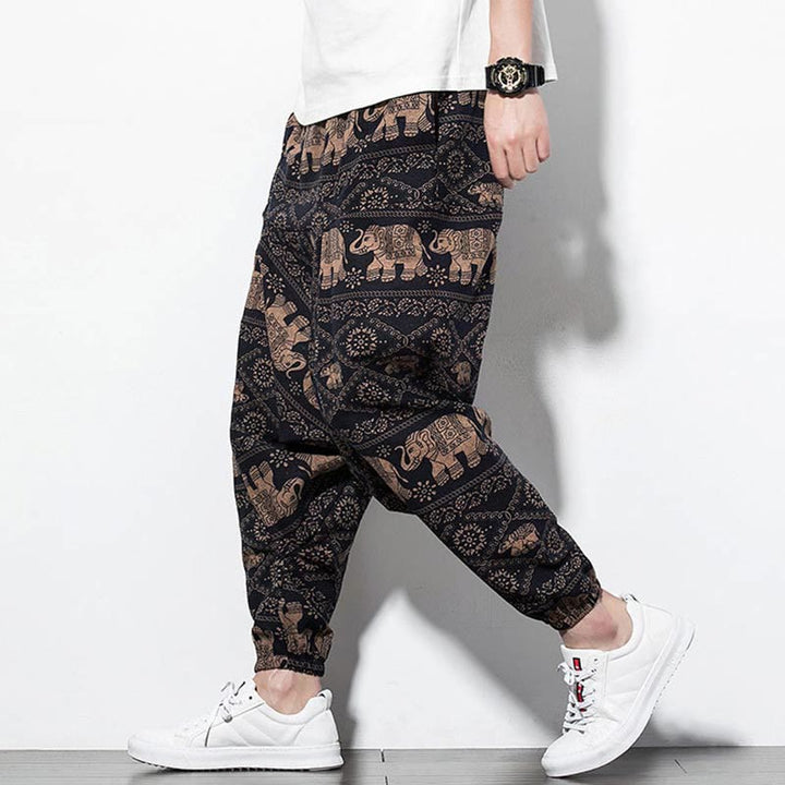 Pantaloni harem lunghi da uomo in cotone con tasche, stampati in nero e marrone con Buddha Stones - Elefante in stile lungo - US/UK/AU46, EU56 (5XL) - image 0