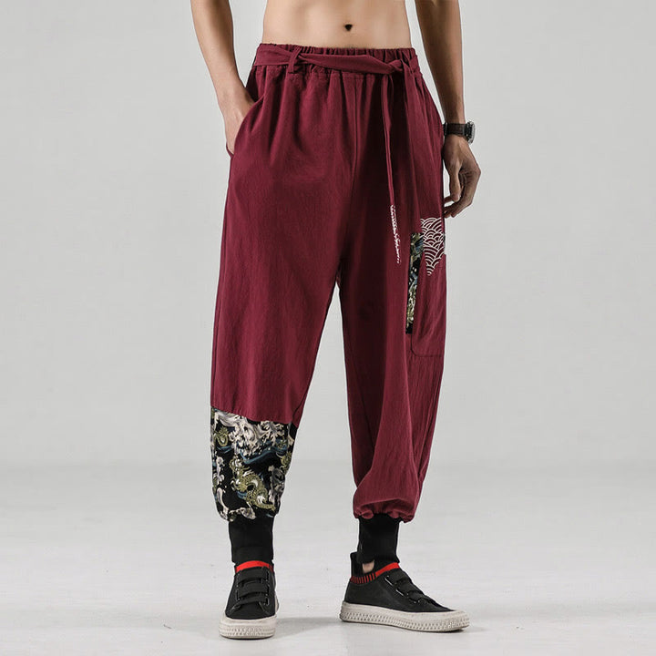 Pantaloni harem da uomo in cotone con lacci e tasche Buddha Stones Ocean Waves - IndianRed - US/UK/AU46, EU56 (5XL)  - image 14