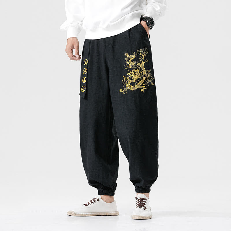 Pantaloni da uomo in cotone con tasche , Buddha Stones, nuvole di buon auspicio, drago - Nero - US/UK/AU46, EU56 (5XL) - image 1