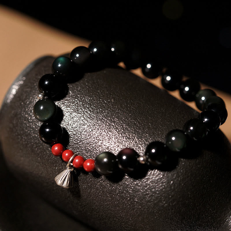 Bracciale Buddha Stones Naturale Ossidiana Nera Cinabro Loto Ciondolo Forza Soddisfazione