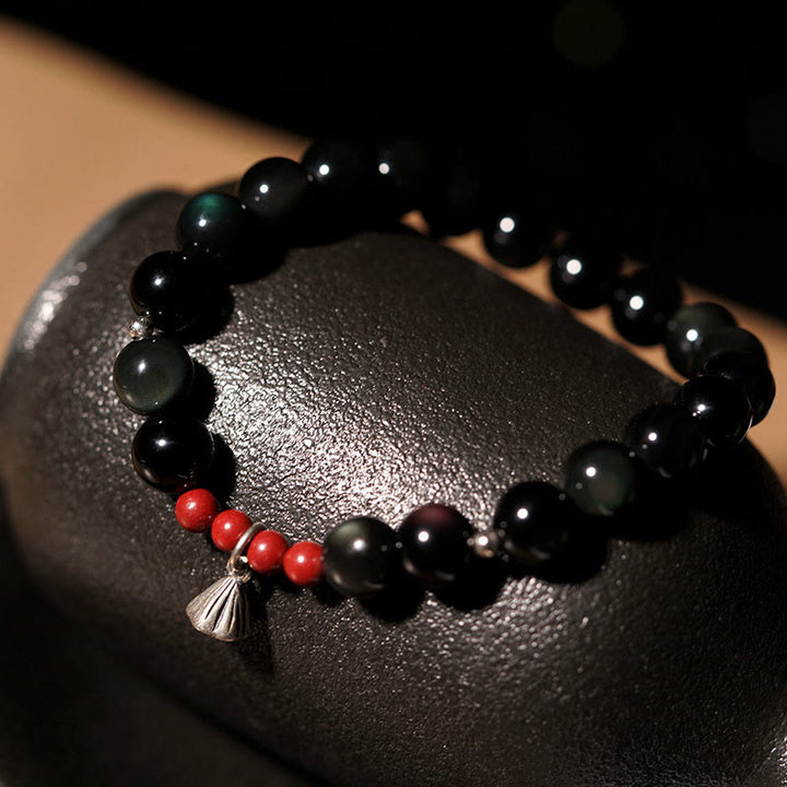 Bracciale Buddha Stones Naturale Ossidiana Nera Cinabro Loto Ciondolo Forza Soddisfazione