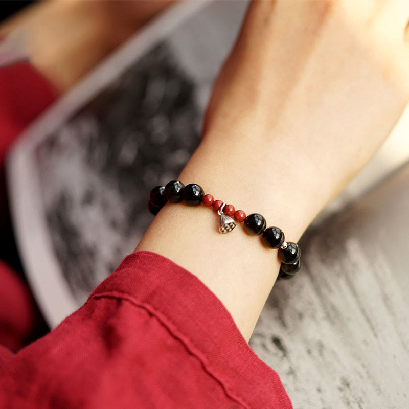 Bracciale Buddha Stones Naturale Ossidiana Nera Cinabro Loto Ciondolo Forza Soddisfazione