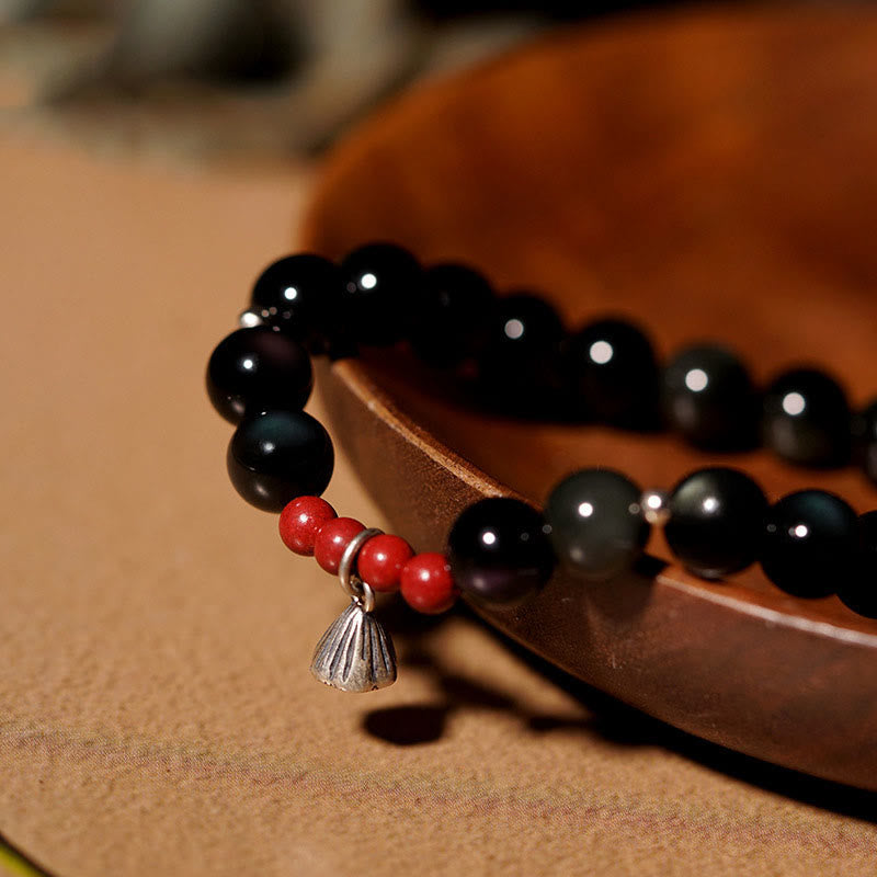 Bracciale Buddha Stones Naturale Ossidiana Nera Cinabro Loto Ciondolo Forza Soddisfazione