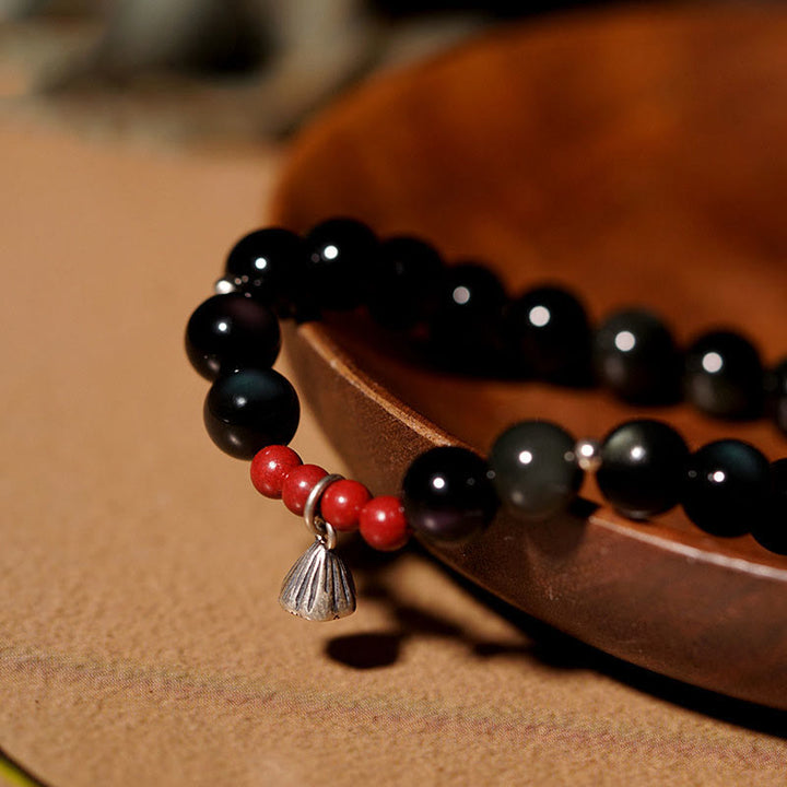 Bracciale Buddha Stones Naturale Ossidiana Nera Cinabro Loto Ciondolo Forza Soddisfazione