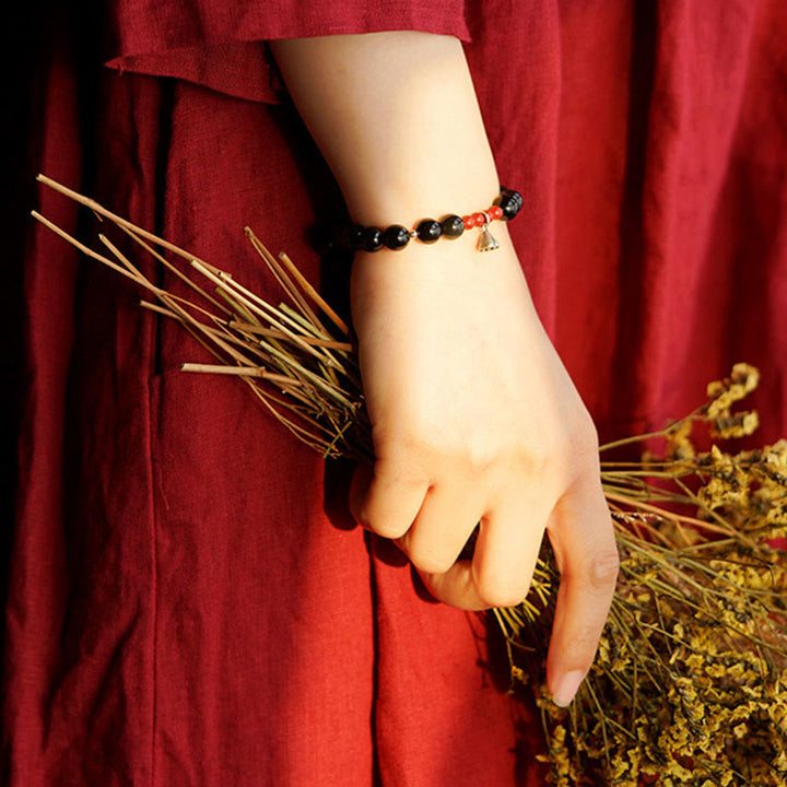 Bracciale Buddha Stones Naturale Ossidiana Nera Cinabro Loto Ciondolo Forza Soddisfazione