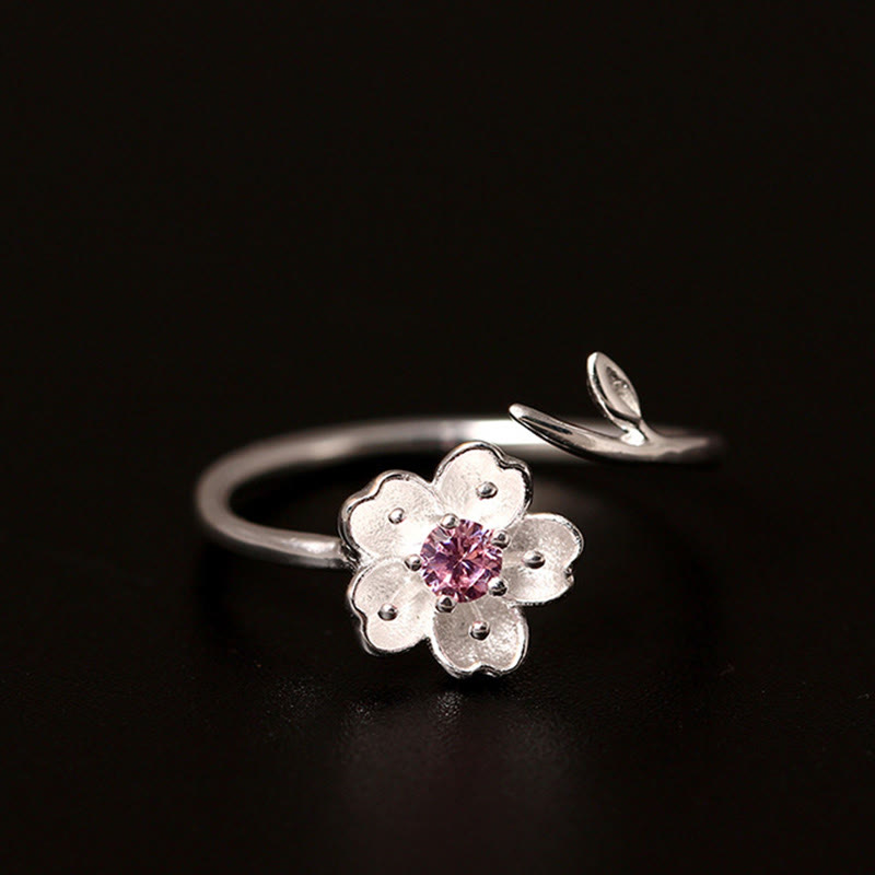 Anello regolabile Buddha Stones in argento sterling 925 con fiore di ciliegio Sakura e benedizione - Fiore di ciliegio 52-55 mm/US5-US7 (regolabile) - image 0