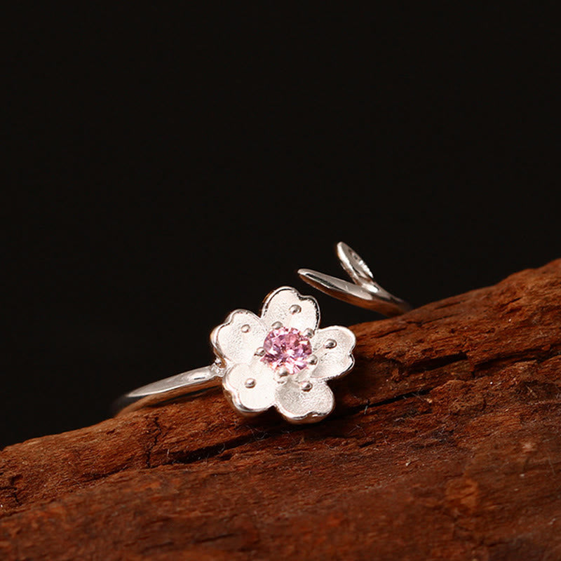 Anello regolabile Buddha Stones in argento sterling 925 con fiore di ciliegio Sakura e benedizione - image 3