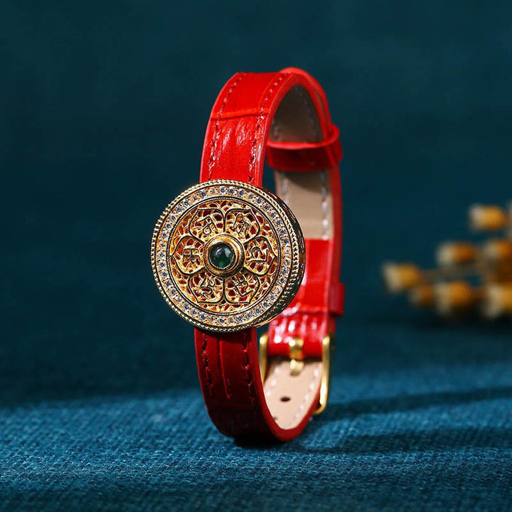 Buddha Stones Sei parole vere Otto tesori Bussola Giada Bracciale in pelle placcato oro 24K