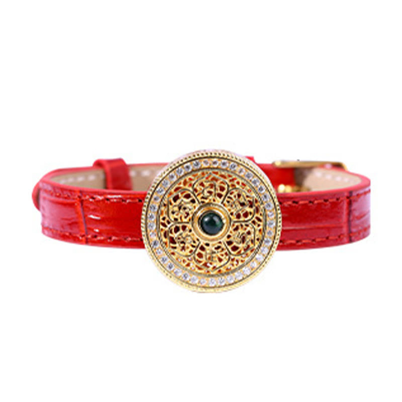 Buddha Stones Sei parole vere Otto tesori Bussola Giada Bracciale in pelle placcato oro 24K