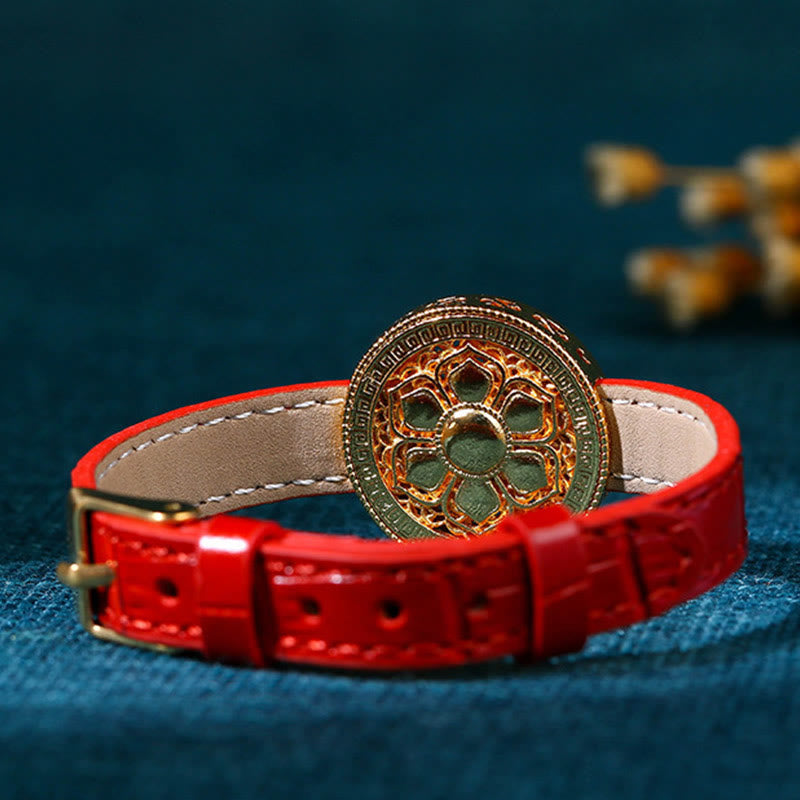 Buddha Stones Sei parole vere Otto tesori Bussola Giada Bracciale in pelle placcato oro 24K