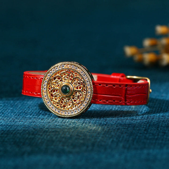 Buddha Stones Sei parole vere Otto tesori Bussola Giada Bracciale in pelle placcato oro 24K