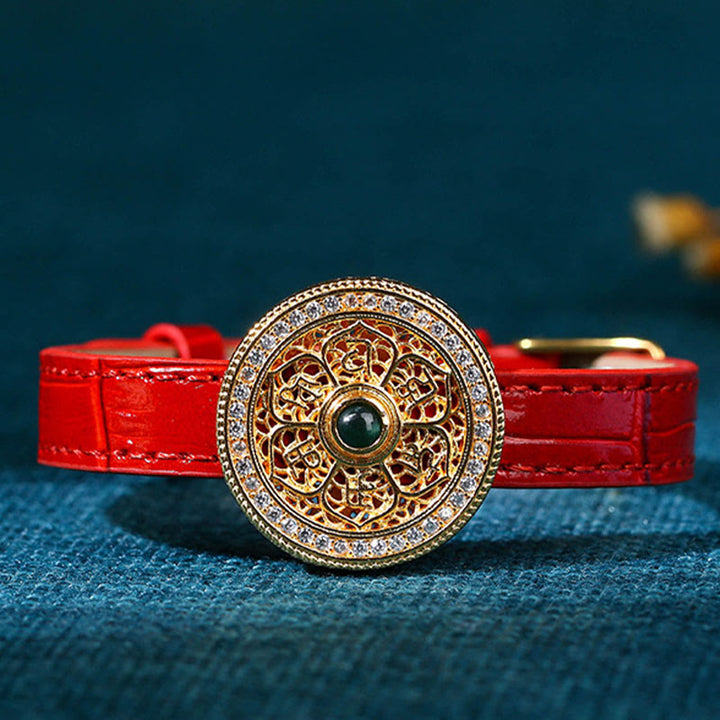 Buddha Stones Sei parole vere Otto tesori Bussola Giada Bracciale in pelle placcato oro 24K