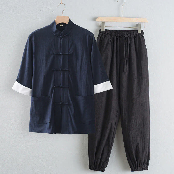 Buddha Stones Tang Frog-Bottone Camicia Manica Tre Quarti Pantaloni Abito Uomo