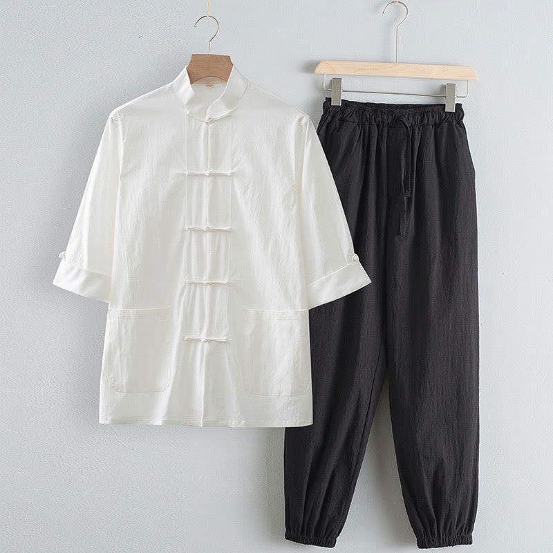 Buddha Stones Tang Frog-Bottone Camicia Manica Tre Quarti Pantaloni Abito Uomo