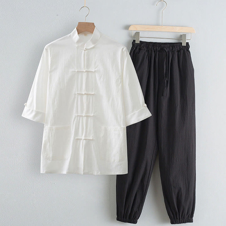 Buddha Stones Tang Frog-Bottone Camicia Manica Tre Quarti Pantaloni Abito Uomo