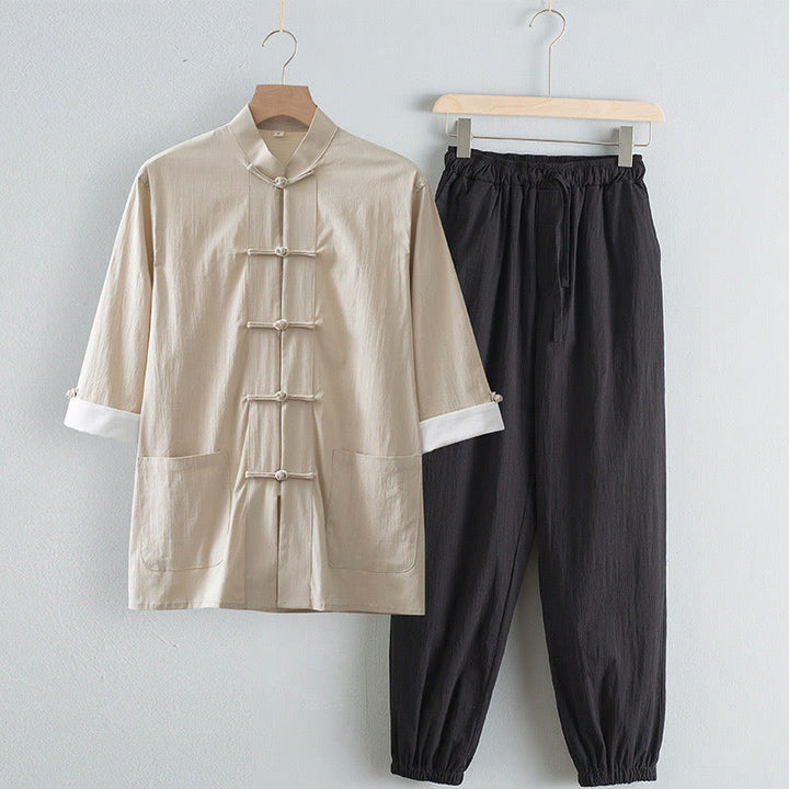 Buddha Stones Tang Frog-Bottone Camicia Manica Tre Quarti Pantaloni Abito Uomo