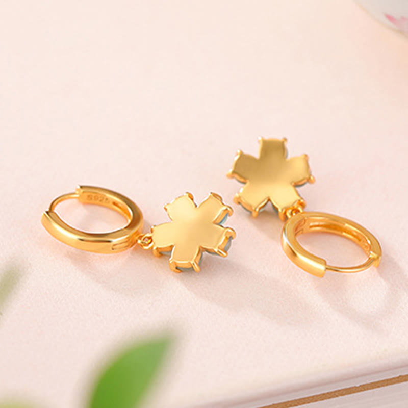 Orecchini Buddha Stones 925 Sterling Silver Placcato Oro Verde Giada Fiore Design Fortuna Prosperità