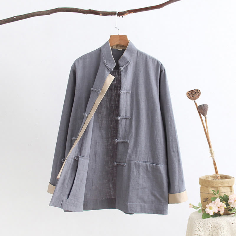 Buddha Stones Tang Frog-Bottone Camicia Manica Lunga Cotone Lino Abbigliamento Uomo - image 10