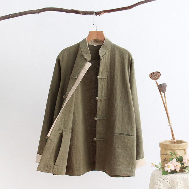 Buddha Stones Tang Frog-Bottone Camicia Manica Lunga Cotone Lino Abbigliamento Uomo - image 7