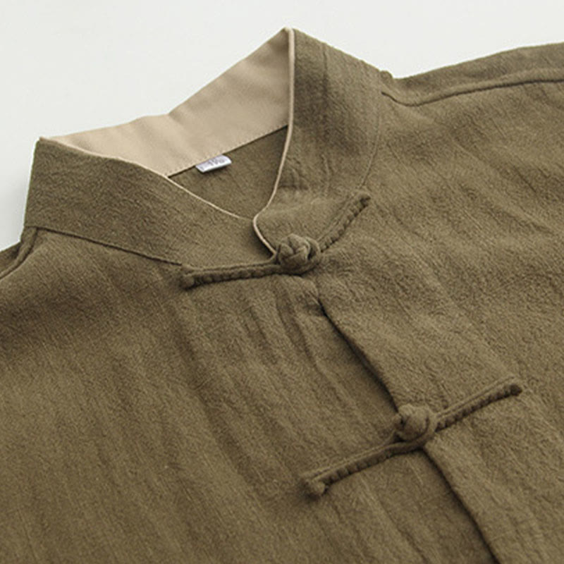 Buddha Stones Tang Frog-Bottone Camicia Manica Lunga Cotone Lino Abbigliamento Uomo - image 15