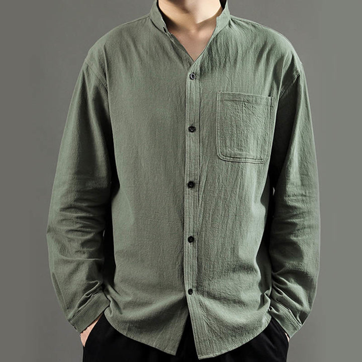 Camicia a maniche lunghe da uomo Buddha Stones con tasca, colletto alla coreana, comoda camicia in lino - image 2