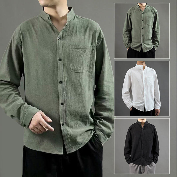 Camicia a maniche lunghe da uomo Buddha Stones con tasca, colletto alla coreana, comoda camicia in lino - image 9