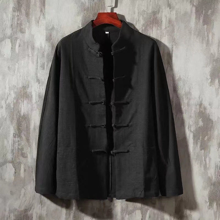 Camicia a maniche lunghe da uomo Buddha Stones Tang con bottone a rana e tasca, colletto alla coreana, comoda camicia in lino - Nero - US/UK/AU46, EU56 (5XL) - image 7