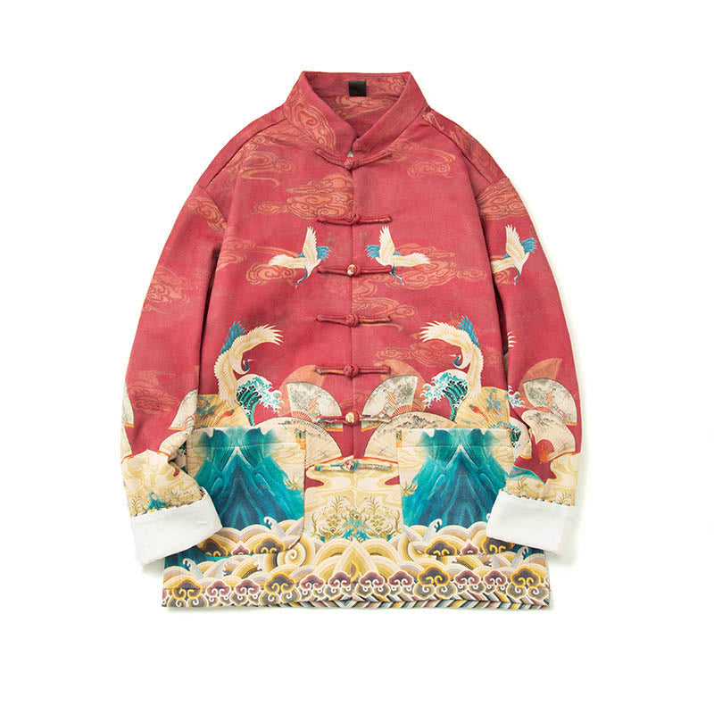 Buddha Stones Rana-Bottone Cinese Tang Suit Gru Personaggio Camicia Lunga Cotone Scamosciato Uomo Giacca Abbigliamento - image 27