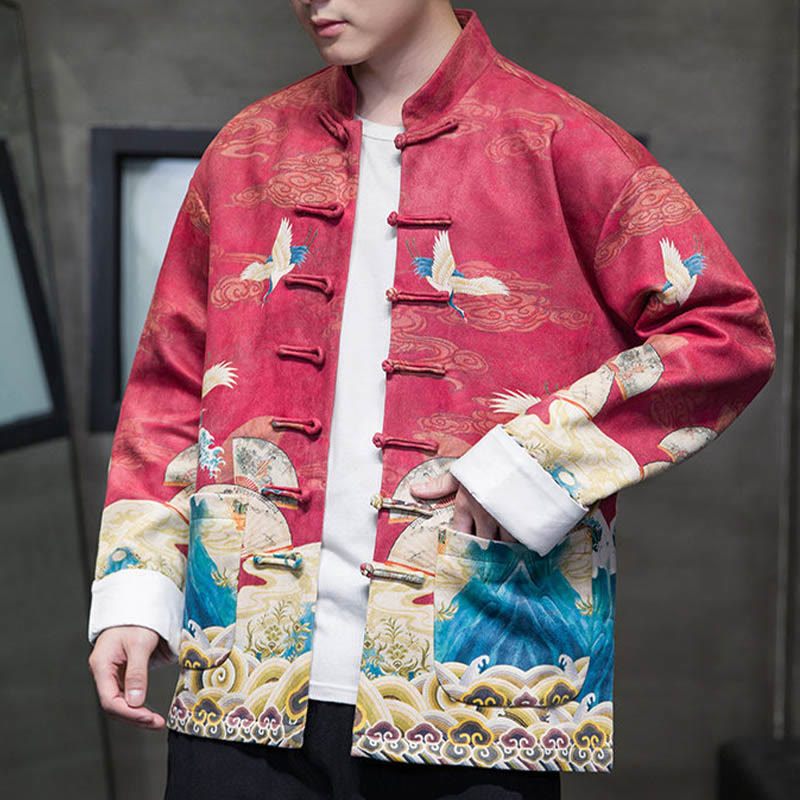 Buddha Stones Rana-Bottone Cinese Tang Suit Gru Personaggio Camicia Lunga Cotone Scamosciato Uomo Giacca Abbigliamento - image 20