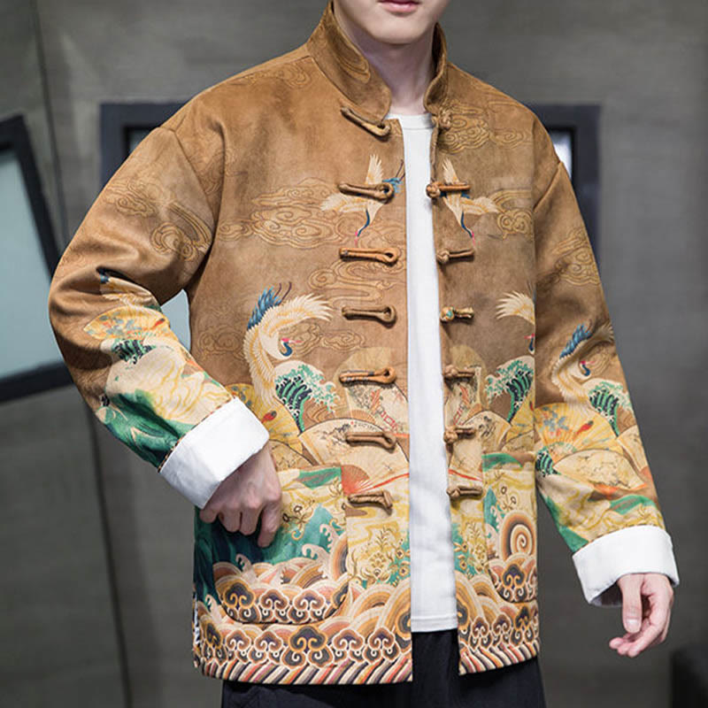 Buddha Stones Rana-Bottone Cinese Tang Suit Gru Personaggio Camicia Lunga Cotone Scamosciato Uomo Giacca Abbigliamento - image 6