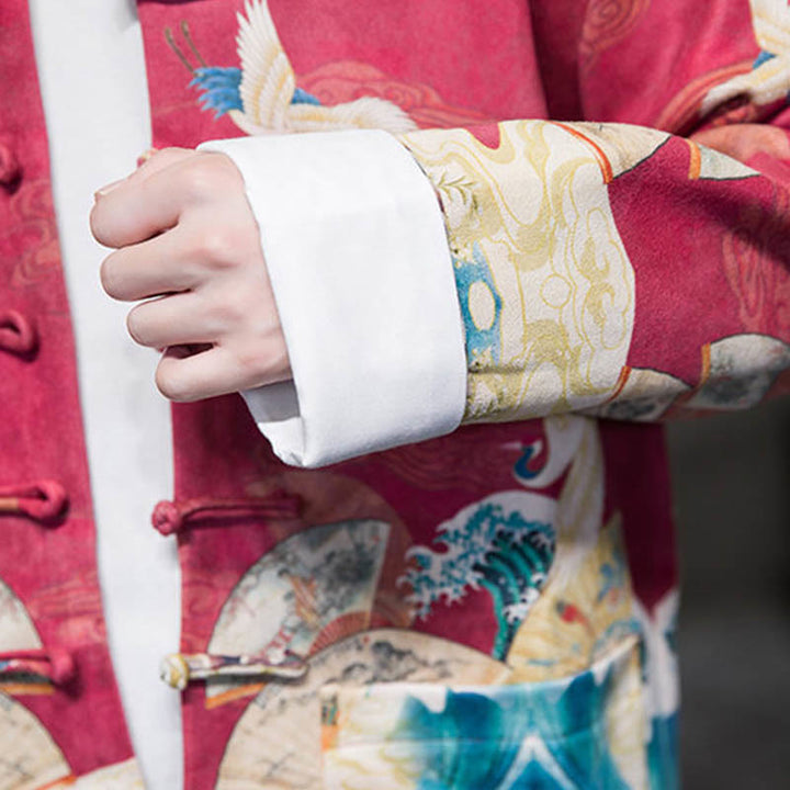 Buddha Stones Rana-Bottone Cinese Tang Suit Gru Personaggio Camicia Lunga Cotone Scamosciato Uomo Giacca Abbigliamento - image 26