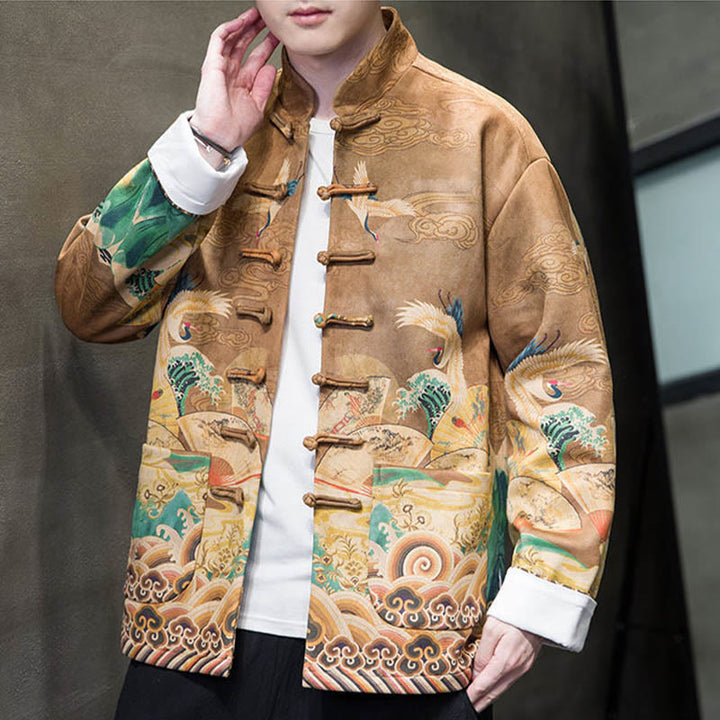 Buddha Stones Rana-Bottone Cinese Tang Suit Gru Personaggio Camicia Lunga Cotone Scamosciato Uomo Giacca Abbigliamento - image 1