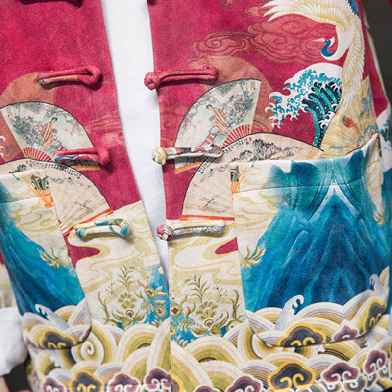 Buddha Stones Rana-Bottone Cinese Tang Suit Gru Personaggio Camicia Lunga Cotone Scamosciato Uomo Giacca Abbigliamento - image 25