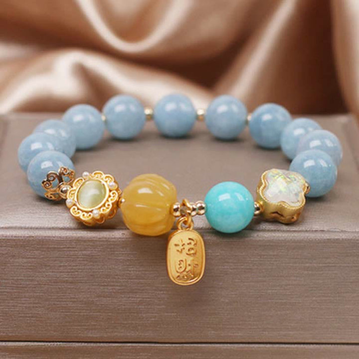 Bracciale Buddha Stones Aquamarine Pumpkin Pearl Wealth Protection